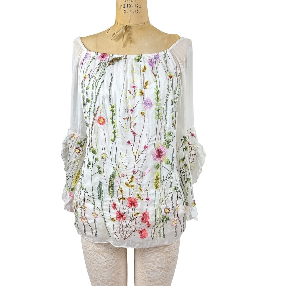 Romantic Silk Floral Embroidered Blouse White Ruffle Bell Sleeves Size M Fairy